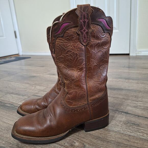 Justin square Toe Cowgirl Western Brown Leather Boot womens 6.5 - Picture 1 of 9